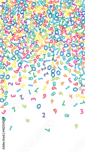 Falling colorful sketch numbers. Math study concept with flying digits. Actual back to school mathematics banner on white background. Falling numbers vector illustration.