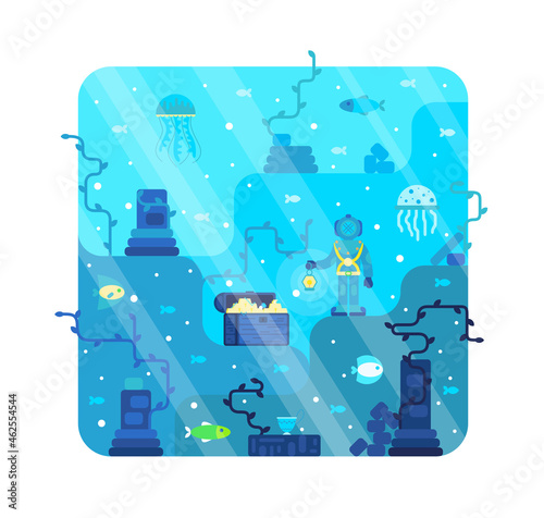 Diver stands next to a chest full of treasure - vector illustration in flat stile