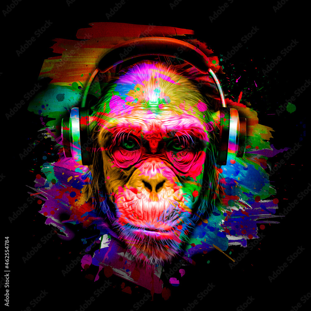 Colorful artistic monkey in eyeglasses with colorful paint splatters on white background - obrazy, fototapety, plakaty 