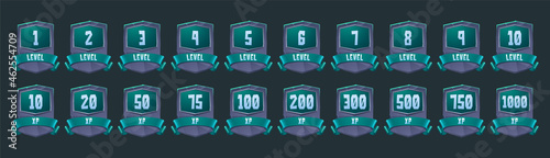 Old badges with level number and experience points for game ui design. Vector cartoon icons of stone labels with rank, xp and green ribbons isolated on background