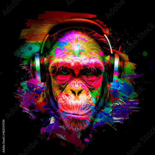 Colorful artistic monkey in eyeglasses with colorful paint splatters on white background