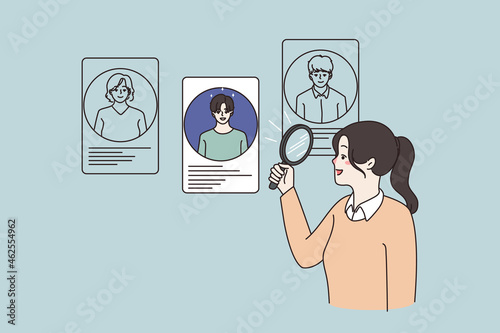 Woman with magnifier glass look at choose among job candidates after interview. Female recruiter hiring staff applicants at vacant position. Employment, recruitment concept. Vector illustration. 
