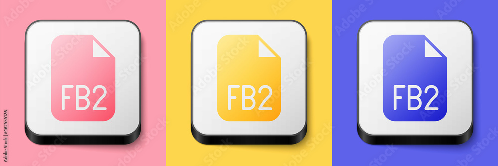 Isometric FB2 File icon isolated on pink, yellow and blue background. Square button. Vector Isometric FB2 File icon isolated on pink, yellow and blue background. Square button. Vector
