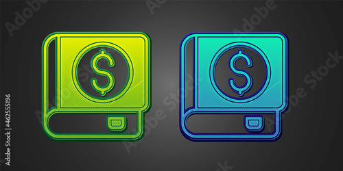 Green and blue Financial book icon isolated on black background. Vector