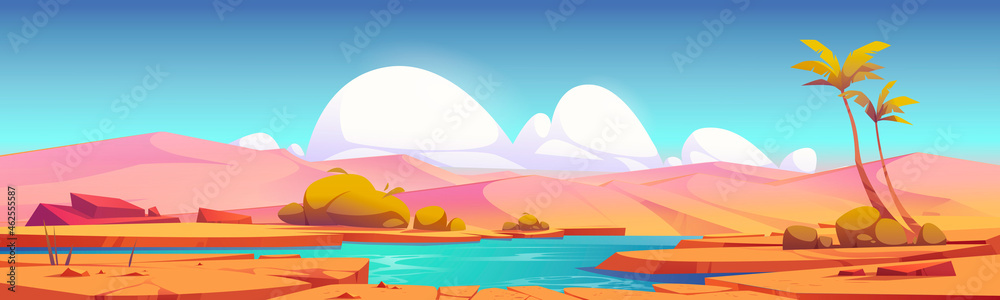 Desert landscape with sand dunes and oasis with lake or pond and palm trees. Vector cartoon illustration of hot tropical desert with river, dry cracked ground and green bushes on shore - obrazy, fototapety, plakaty 