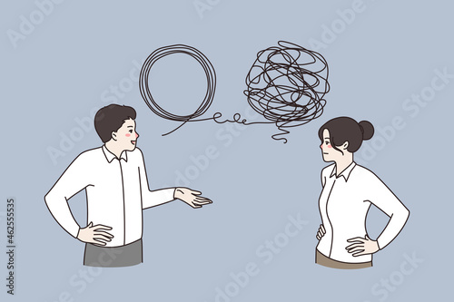 Businesspeople talk brainstorm discuss idea together, solve business problem. Man and woman employees colleagues unravel complex situation. Teamwork, solution concept. Vector illustration. 