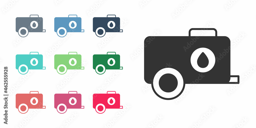 Black Mobile water tank - bowser icon isolated on white background. Water tank delivering water. Set icons colorful. Vector Black Mobile water tank - bowser icon isolated on white background. Water tank delivering water. Set icons colorful. Vector