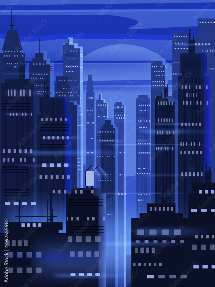 Night futuristic city background, bright lights, panorama, modern buildings, midnight. Vector illustration poster cover