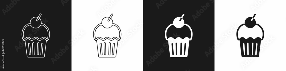 Set Muffin icon isolated on black and white background. Vector