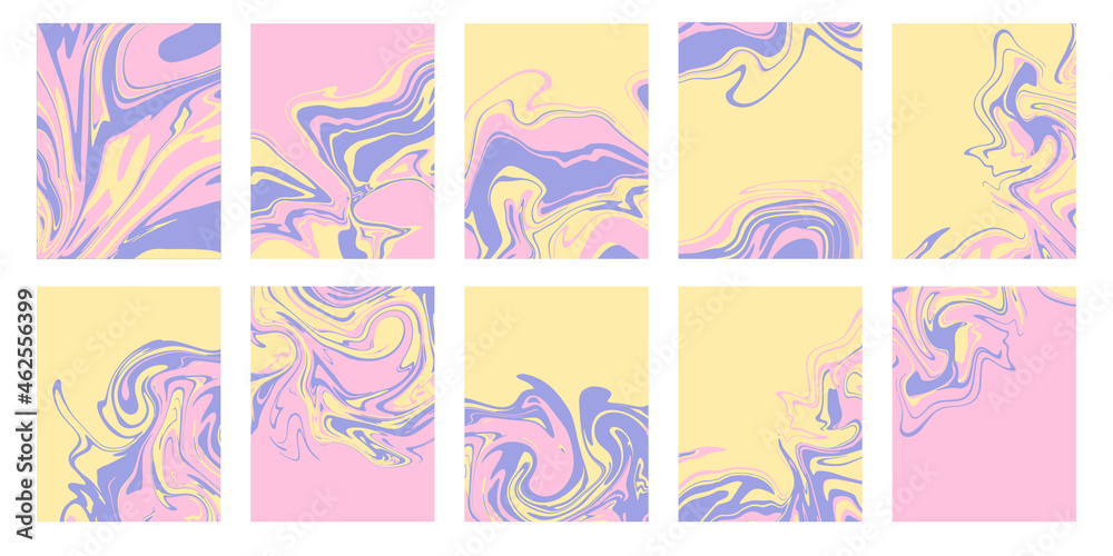 Set of abstract backgrounds with marble or epoxy textures in light pink, lavender and yellow palette. Contemporary trendy prints for cover designs, wedding invitations, case, wrapping paper.