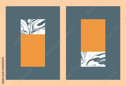 Abstract geometric prints with marble or epoxy texture in mid-century style in green,white and yellow colors. Minimalistic trendy contemporary boho poster for wall decor, covers, advertising.
