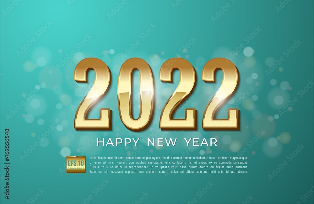 Happy new year 2022 with gold ribbon and glitter on cyan background