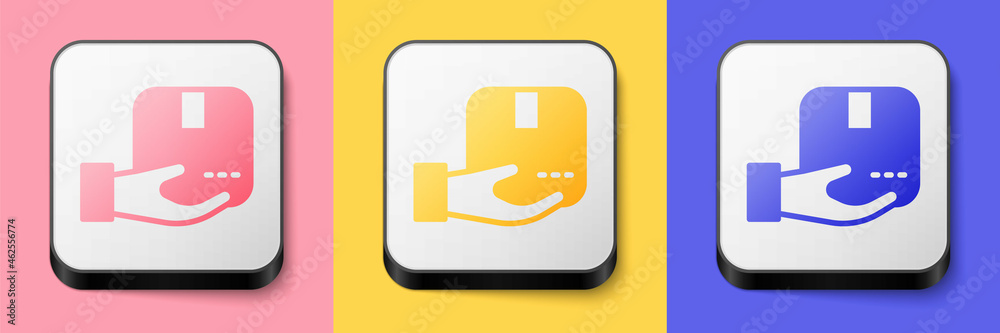Isometric Delivery hand with cardboard boxes icon isolated on pink, yellow and blue background. Door to door delivery by courier. Square button. Vector