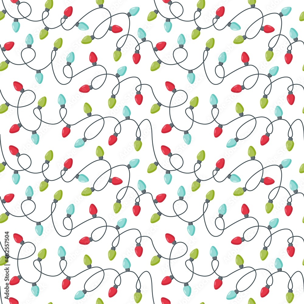 Christmas seamless pattern with garlands isolated on white background. Vector flat illustration. Design for backdrop, wrapping, wallpaper, textile, packaging
