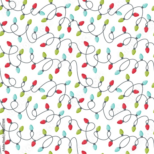 Christmas seamless pattern with garlands isolated on white background. Vector flat illustration. Design for backdrop, wrapping, wallpaper, textile, packaging