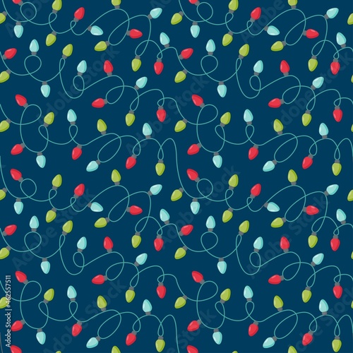 Christmas seamless pattern with garlands isolated on blue background. Vector flat illustration. Design for backdrop, wrapping, wallpaper, textile, packaging
