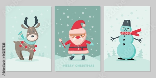 Set of Christmas cards with cute animals. Characters reindeer, snowman, Santa Claus with snowflakes. Vector flat illustration.  Design for greeting card, flyer, banner, social media
