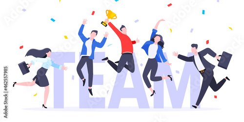 Happy business employee team winners award ceremony flat style design vector illustration. Employee recognition and best worker competition award team celebrating victory winner business concept.