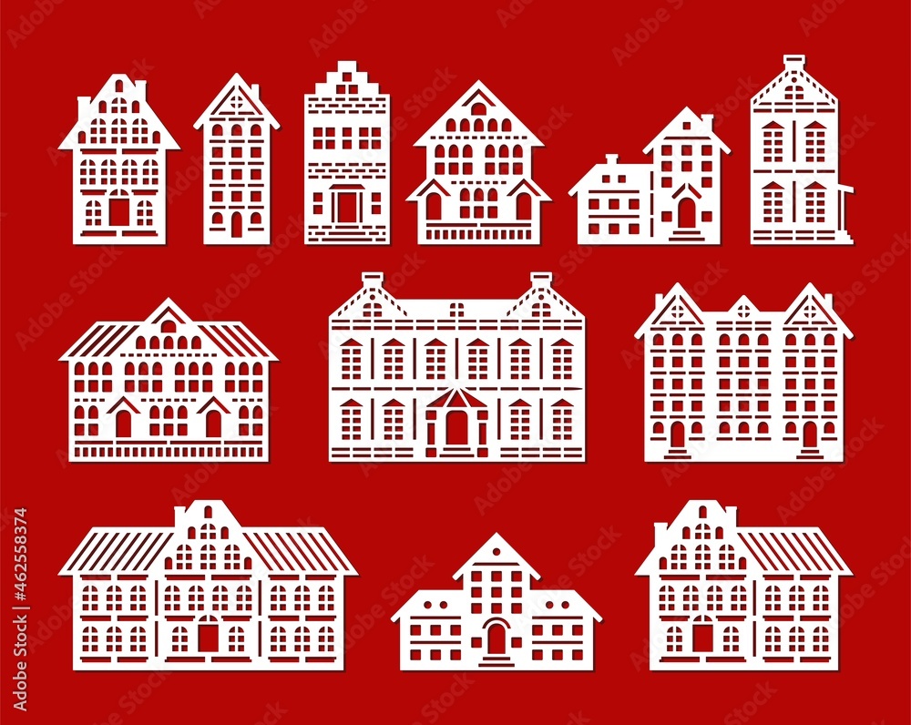 Set of silhouettes of flat houses. Facades of various buildings, houses, cottages, townhouses. Many floors, attic, roof, chimney, windows, door. Vector template for plotter laser cutting of paper, cnc