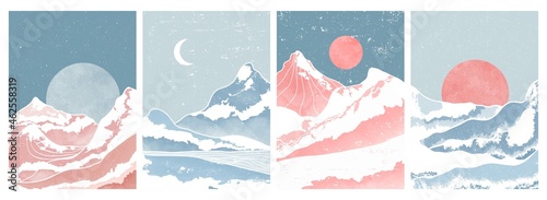 set of Mid century modern minimalist art print. Abstract mountain contemporary aesthetic backgrounds landscapes. vector illustrations