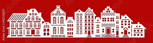 Street layout with houses, shops. Facades of various buildings, cottages, townhouses. Many floors, attic, roof, chimney, windows, door. Vector template for plotter laser cutting of paper, wood, cnc.