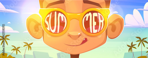 Monkey face in sunglasses with summer word reflection on glasses surface. Funny cartoon ape character licking lips on exotic beach background with palm trees, happy emotion, Vector illustration
