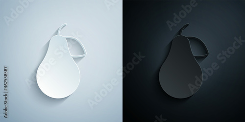 Paper cut Pear icon isolated on grey and black background. Fruit with leaf symbol. Paper art style. Vector