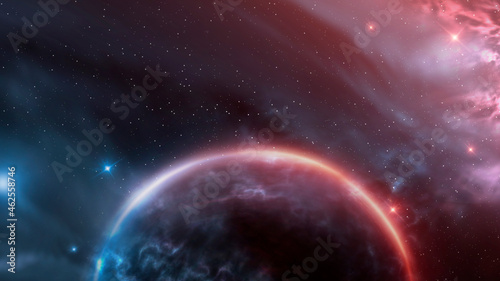 Abstract fantastic space of the universe. Space background with nebula and stars. Dark space background with an unknown planet, flashes of light in space. 3d illustration