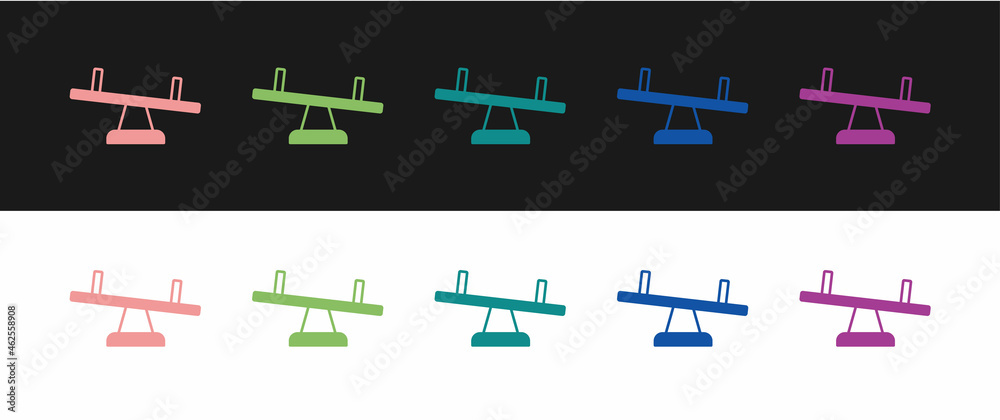 Set Seesaw icon isolated on black and white background. Teeter equal board. Playground symbol. Vector