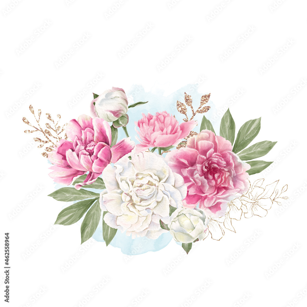 Set of delicate red and white peonies. Watercolor illustration