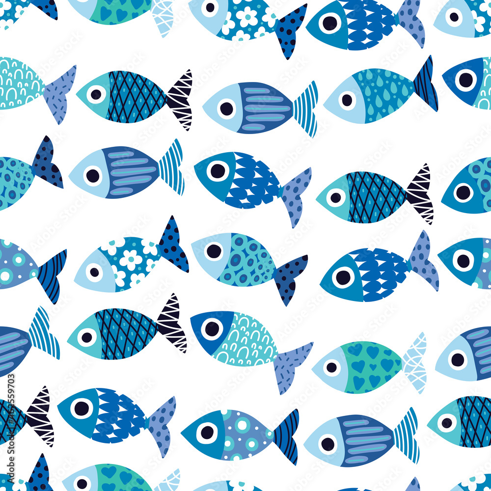 Cute fish.  Kids background. Seamless pattern.