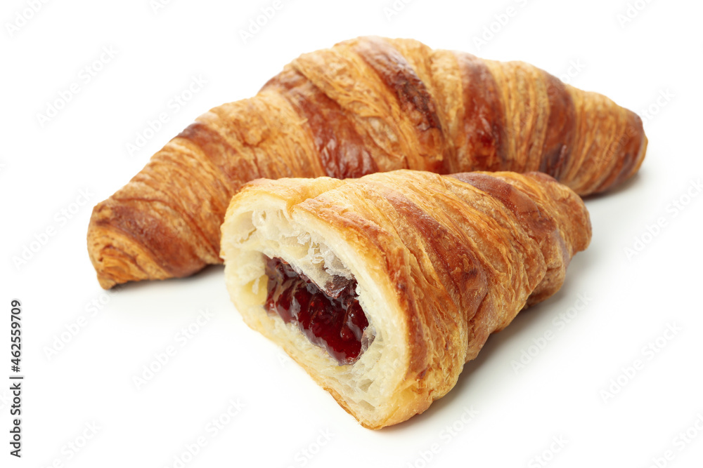 Croissants with raspberry jam isolated on white background