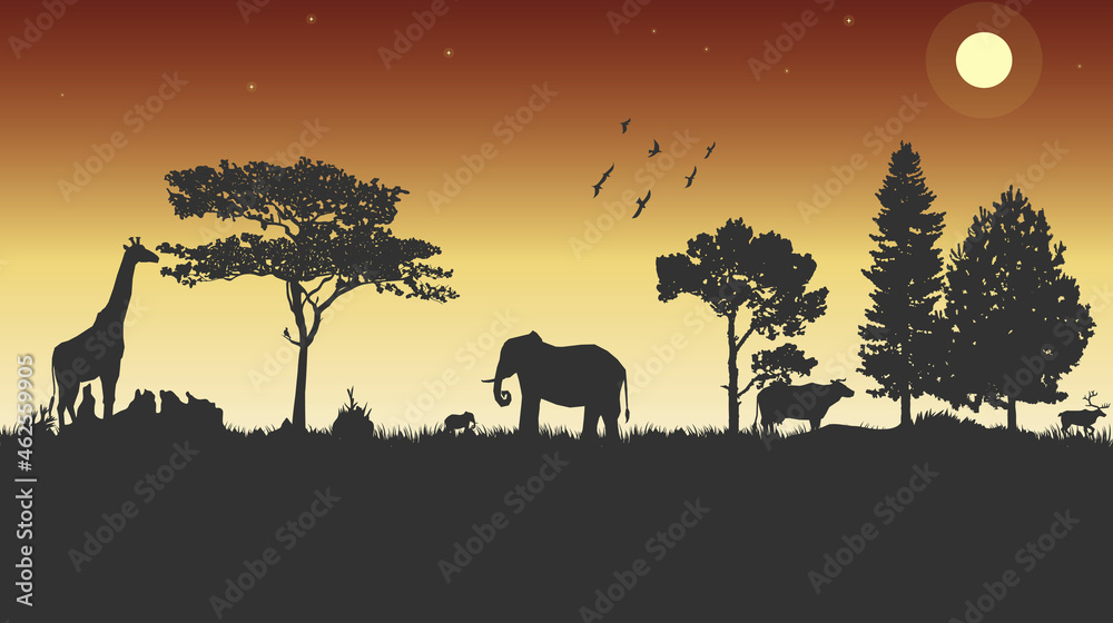 Amazing wild life with some animals in afternoon image graphic icon logo design abstract concept vector stock. Can be used as a symbol related to background or template