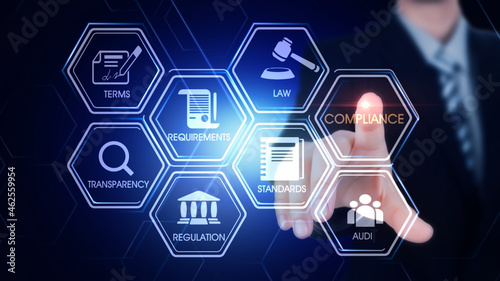Compliance Concept
Hexagonal virtual Touch Screen Concept with man touching screen with finger and light streak