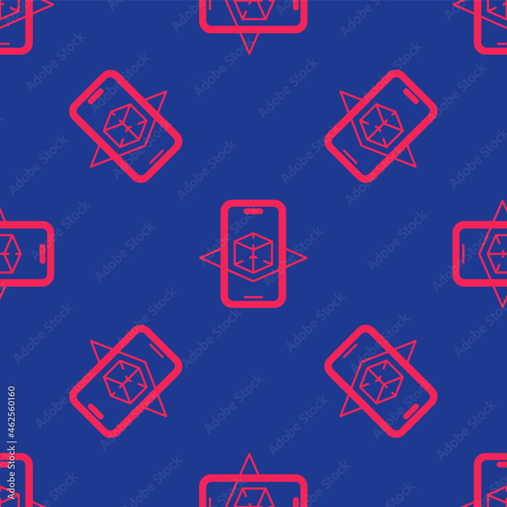 Red 3d modeling icon isolated seamless pattern on blue background. Augmented reality or virtual reality. Vector Red 3d modeling icon isolated seamless pattern on blue background. Augmented reality or virtual reality. Vector
