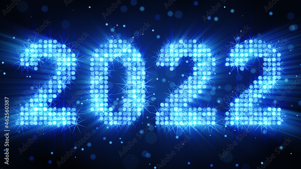 Text 2022 of glow blue particles 3D render