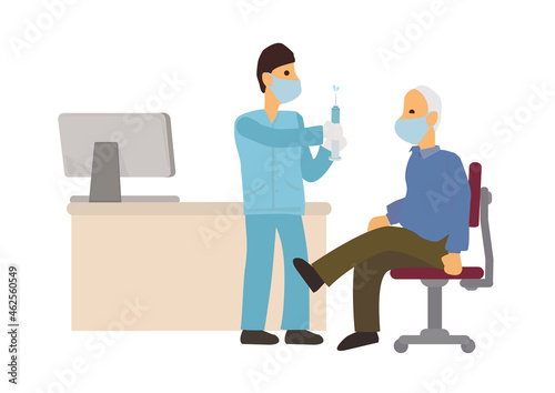 General practitioner vaccinating old patient in clinic.