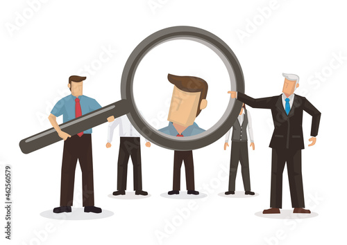Businessman choosing candidate for his company under a magnifying glass.