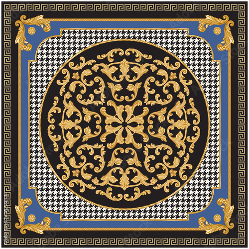Baroque scrolls rosette, gold Greek key pattern, meander border frieze on a black and white hounds tooth and blue background. Scarf, bandana print, neckerchief, pocket handkerchief, carpet 