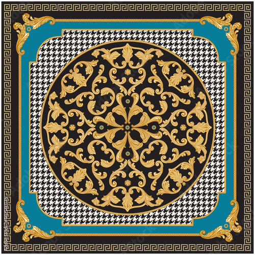 Baroque scrolls rosette, turquoise gem, gold Greek key pattern, meander border frieze on a black hounds tooth and turquoise background. Scarf, bandana print, neckerchief, pocket handkerchief, carpet 