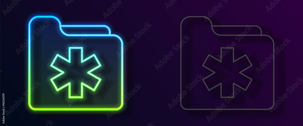 Glowing neon line Medical health record folder for healthcare icon isolated on black background. Patient file icon. Medical history symbol. Vector Glowing neon line Medical health record folder for healthcare icon isolated on black background. Patient file icon. Medical history symbol. Vector