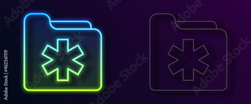 Glowing neon line Medical health record folder for healthcare icon isolated on black background. Patient file icon. Medical history symbol. Vector