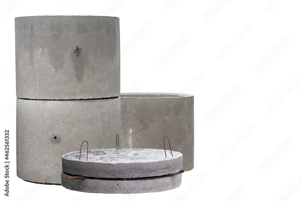 Samples of reinforced concrete products for walls and sewers isolated