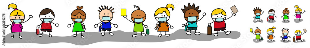 group of children carrying bags and books. prepare to attend lessons at school by wearing a mask due to the coronavirus pandemic, in cute character vector.