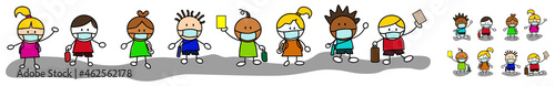 group of children carrying bags and books. prepare to attend lessons at school by wearing a mask due to the coronavirus pandemic, in cute character vector.
