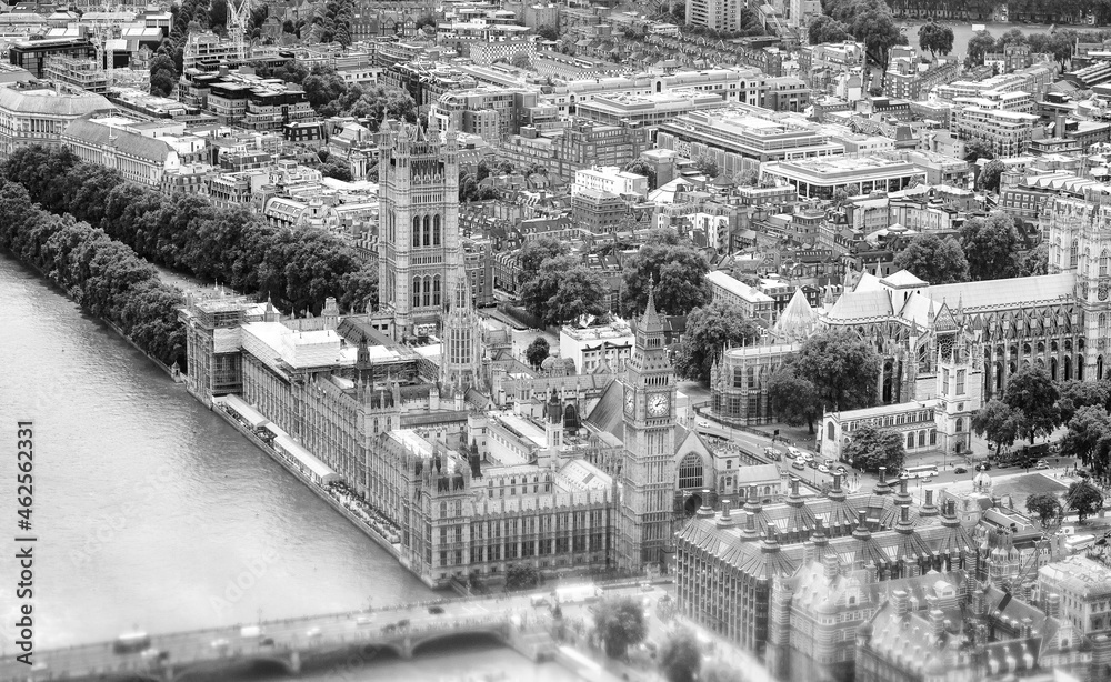 London aerial view from helicopter. Westminster Palace and Bridge..
