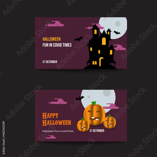 Halloween Fullmoon Banner.Haunted House, Pumpkins, and Bats.Halloween banner vector with purple background