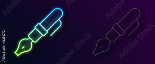 Glowing neon line Fountain pen nib icon isolated on black background. Pen tool sign. Vector
