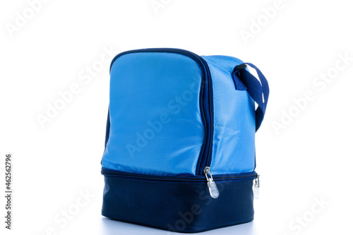 Blue bag. Camping freezer, cooler box for cold lunch food isolated on white background. Blue bag for travel, picnic.