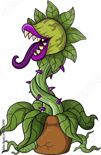 Cartoon scary carnivorous plant on white background photo